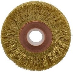 Anderson - 2" OD, 1/2" Arbor Hole, Crimped Brass Wheel Brush - 1/4" Face Width, 1/2" Trim Length, 0.005" Filament Diam, 20,000 RPM - Exact Tooling