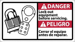 NMC - "Danger - Lock Out Equipment Before Servicing", 10" Long x 18" Wide, Pressure-Sensitive Vinyl Safety Sign - Rectangle, 0.004" Thick, Use for Security & Admittance - Exact Tooling