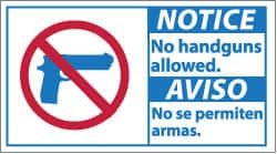 NMC - "Notice - No Handguns Allowed", 10" Long x 18" Wide, Rigid Plastic Safety Sign - Rectangle, 0.05" Thick, Use for Security & Admittance - Exact Tooling