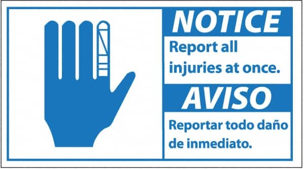 NMC - "Notice - Report All Injuries at Once", 10" Long x 18" Wide, Pressure-Sensitive Vinyl Safety Sign - Rectangle, 0.004" Thick, Use for Inspection, Testing & Accident Data - Exact Tooling