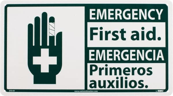NMC - "Emergency - First Aid", 10" Long x 18" Wide, Rigid Plastic Safety Sign - Rectangle, 0.05" Thick, Use for First Aid - Exact Tooling