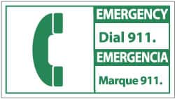 NMC - "Emergency - Dial 911", 10" Long x 18" Wide, Rigid Plastic Safety Sign - Rectangle, 0.05" Thick, Use for First Aid - Exact Tooling