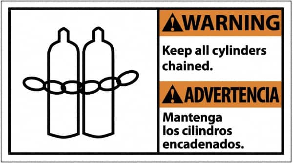 NMC - "Warning - Keep All Cylinders Chained", 10" Long x 18" Wide, Pressure-Sensitive Vinyl Safety Sign - Rectangle, 0.004" Thick, Use for Accident Prevention - Exact Tooling