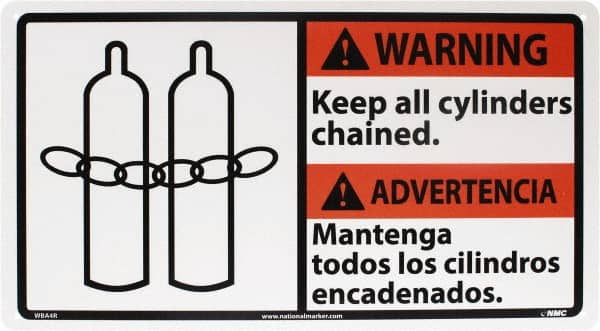 NMC - "Warning - Keep All Cylinders Chained", 10" Long x 18" Wide, Rigid Plastic Safety Sign - Rectangle, 0.05" Thick, Use for Accident Prevention - Exact Tooling