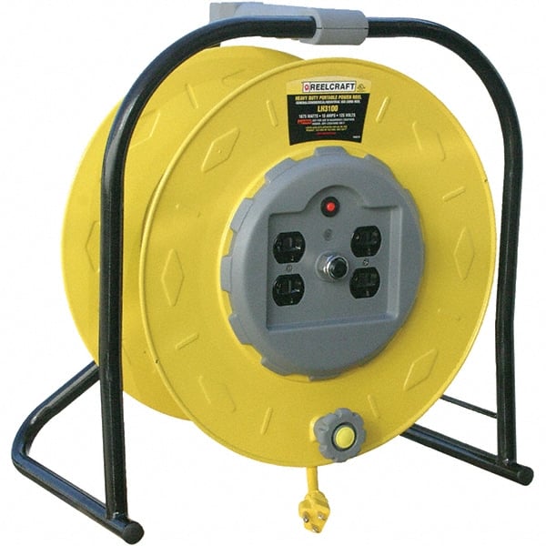 Reelcraft - 10 AWG, 100' Cable Length, Cord & Cable Reel with Quad Outlet End - 4 Outlets, 15 Amps, 125 Volts, STW Cable, Yellow Reel, Hand Crank Reel - Exact Tooling