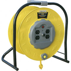 Reelcraft - 10 AWG, 100' Cable Length, Cord & Cable Reel with Quad Outlet End - 4 Outlets, 15 Amps, 125 Volts, STW Cable, Yellow Reel, Hand Crank Reel - Exact Tooling