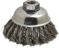 Anderson - 3-1/2" Diam, 5/8-11 Threaded Arbor, Steel Fill Cup Brush - 0.014 Wire Diam, 1-1/4" Trim Length, 9,000 Max RPM - Exact Tooling