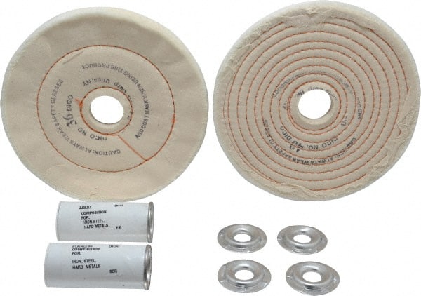 Dico - 6" Diam Cushion Sewn, Spiral Sewn Buffing Wheel Set - 1/2 - 1" Arbor Hole, Emery - Exact Tooling