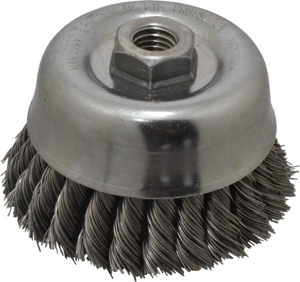 Anderson - 4" Diam, 5/8-11 Threaded Arbor, Steel Fill Cup Brush - 0.02 Wire Diam, 1-1/4" Trim Length, 9,000 Max RPM - Exact Tooling