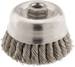 Anderson - 4" Diam, 5/8-11 Threaded Arbor, Stainless Steel Fill Cup Brush - 0.02 Wire Diam, 1-1/4" Trim Length, 9,000 Max RPM - Exact Tooling
