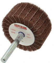 Superior Abrasives - 2" Diam x 1" Face Width, Extra Fine Aluminum Oxide Nonwoven & Coated Mounted Flap Wheel - 1/4" Shank Mount, 320 Grit, Interleaf, Cloth Backing, 12,000 Max RPM - Exact Tooling