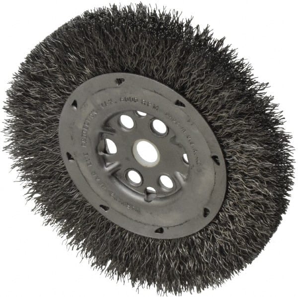 Anderson - 6" OD, 5/8" Arbor Hole, Crimped Steel Wheel Brush - 3/4" Face Width, 1-1/8" Trim Length, 0.014" Filament Diam, 6,000 RPM - Exact Tooling