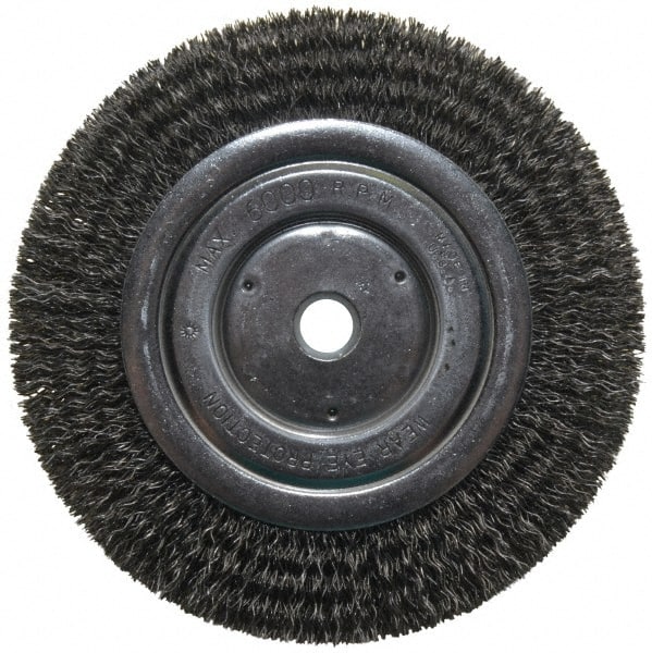 Anderson - 6" OD, 5/8" Arbor Hole, Crimped Steel Wheel Brush - 1/2" Face Width, 1-1/16" Trim Length, 0.014" Filament Diam, 6,000 RPM - Exact Tooling