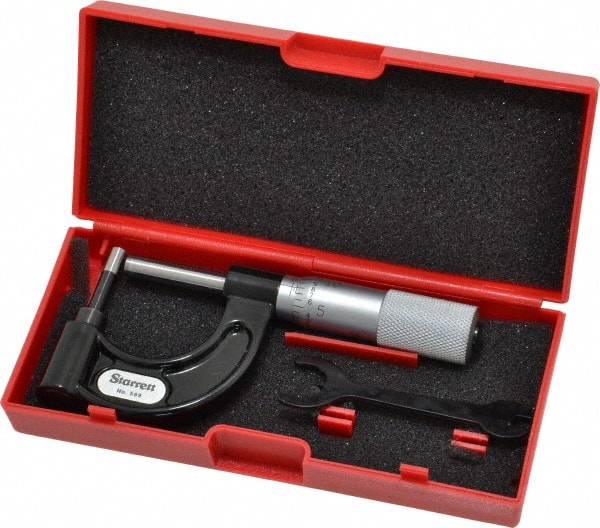 Starrett - 1 Inch Measurement Range, 0.001 Inch Graduation, Post Anvil, Plain Thimble, Mechanical Anvil, Tube Micrometer - 39/64 Inch Head Diameter, Satin Chrome Finish, Carbide, Includes Case - Exact Tooling