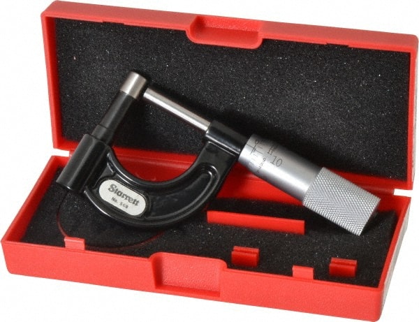 Starrett - 1 Inch Measurement Range, 0.001 Inch Graduation, Post Anvil, Plain Thimble, Mechanical Anvil, Tube Micrometer - 39/64 Inch Head Diameter, Satin Chrome Finish, Carbide, Includes Case - Exact Tooling