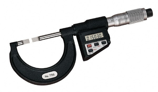 Starrett - 2" to 76mm Electronic Satin Chrome Coated Blade Micrometer - 0.0001" Accuracy, 0.03" Blade Thickness, Friction Thimble - Exact Tooling
