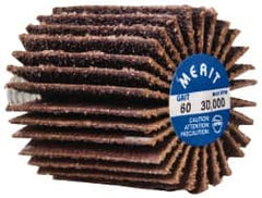 Merit Abrasives - 1" Diam x 1" Face Width, Medium Ceramic Alumina Coated Mounted Flap Wheel - 1/4-20 Threaded Mount, 60 Grit, Cloth Backing, 30,000 Max RPM - Exact Tooling