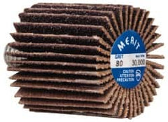 Merit Abrasives - 1" Diam x 1" Face Width, Medium Ceramic Alumina Coated Mounted Flap Wheel - 1/4-20 Threaded Mount, 80 Grit, Cloth Backing, 30,000 Max RPM - Exact Tooling