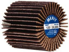 Merit Abrasives - 1" Diam x 1" Face Width, Fine Ceramic Alumina Coated Mounted Flap Wheel - 1/4-20 Threaded Mount, 120 Grit, Cloth Backing, 30,000 Max RPM - Exact Tooling