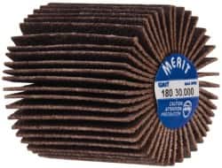 Merit Abrasives - 1" Diam x 1" Face Width, Very Fine Ceramic Alumina Coated Mounted Flap Wheel - 1/4-20 Threaded Mount, 180 Grit, Cloth Backing, 30,000 Max RPM - Exact Tooling