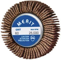 Merit Abrasives - 1-5/8" Diam x 1/2" Face Width, Medium Ceramic Alumina Coated Mounted Flap Wheel - 1/4-20 Threaded Mount, 60 Grit, Cloth Backing, 25,000 Max RPM - Exact Tooling