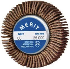 Merit Abrasives - 1-5/8" Diam x 1/2" Face Width, Medium Ceramic Alumina Coated Mounted Flap Wheel - 1/4-20 Threaded Mount, 60 Grit, Cloth Backing, 25,000 Max RPM - Exact Tooling