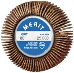 Merit Abrasives - 1-5/8" Diam x 1/2" Face Width, Medium Ceramic Alumina Coated Mounted Flap Wheel - 1/4-20 Threaded Mount, 80 Grit, Cloth Backing, 25,000 Max RPM - Exact Tooling