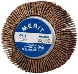 Merit Abrasives - 1-5/8" Diam x 1/2" Face Width, Fine Ceramic Alumina Coated Mounted Flap Wheel - 1/4-20 Threaded Mount, 120 Grit, Cloth Backing, 25,000 Max RPM - Exact Tooling