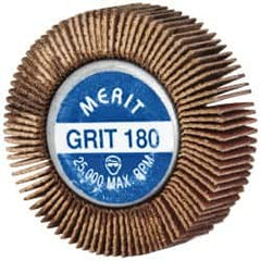 Merit Abrasives - 1-5/8" Diam x 1/2" Face Width, Very Fine Ceramic Alumina Coated Mounted Flap Wheel - 1/4-20 Threaded Mount, 180 Grit, Cloth Backing, 25,000 Max RPM - Exact Tooling
