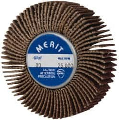 Merit Abrasives - 2" Diam x 1/2" Face Width, Medium Ceramic Alumina Coated Mounted Flap Wheel - 1/4-20 Threaded Mount, 80 Grit, Cloth Backing, 25,000 Max RPM - Exact Tooling