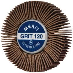 Merit Abrasives - 2" Diam x 1/2" Face Width, Fine Ceramic Alumina Coated Mounted Flap Wheel - 1/4-20 Threaded Mount, 120 Grit, Cloth Backing, 25,000 Max RPM - Exact Tooling