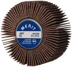 Merit Abrasives - 2" Diam x 1" Face Width, Medium Ceramic Alumina Coated Mounted Flap Wheel - 1/4-20 Threaded Mount, 80 Grit, Cloth Backing, 25,000 Max RPM - Exact Tooling