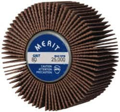 Merit Abrasives - 2" Diam x 1" Face Width, Medium Ceramic Alumina Coated Mounted Flap Wheel - 1/4-20 Threaded Mount, 80 Grit, Cloth Backing, 25,000 Max RPM - Exact Tooling