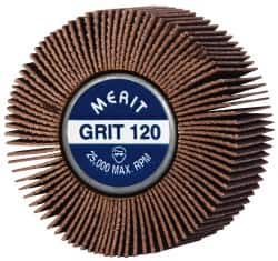 Merit Abrasives - 2" Diam x 1" Face Width, Fine Ceramic Alumina Coated Mounted Flap Wheel - 1/4-20 Threaded Mount, 120 Grit, Cloth Backing, 25,000 Max RPM - Exact Tooling