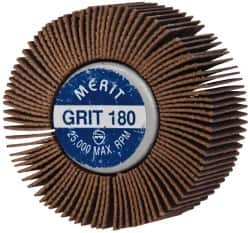 Merit Abrasives - 2" Diam x 1" Face Width, Very Fine Ceramic Alumina Coated Mounted Flap Wheel - 1/4-20 Threaded Mount, 180 Grit, Cloth Backing, 25,000 Max RPM - Exact Tooling