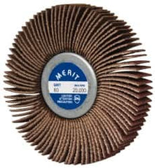Merit Abrasives - 3" Diam x 1/2" Face Width, Medium Ceramic Alumina Coated Mounted Flap Wheel - 1/4-20 Threaded Mount, 60 Grit, Cloth Backing, 20,000 Max RPM - Exact Tooling