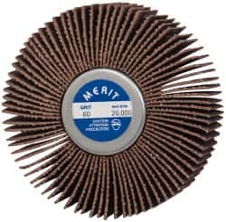 Merit Abrasives - 3" Diam x 1" Face Width, Medium Ceramic Alumina Coated Mounted Flap Wheel - 1/4-20 Threaded Mount, 60 Grit, Cloth Backing, 20,000 Max RPM - Exact Tooling