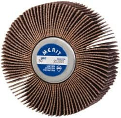 Merit Abrasives - 3" Diam x 1" Face Width, Medium Ceramic Alumina Coated Mounted Flap Wheel - 1/4-20 Threaded Mount, 80 Grit, Cloth Backing, 20,000 Max RPM - Exact Tooling