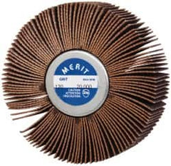 Merit Abrasives - 3" Diam x 1" Face Width, Fine Ceramic Alumina Coated Mounted Flap Wheel - 1/4-20 Threaded Mount, 120 Grit, Cloth Backing, 20,000 Max RPM - Exact Tooling