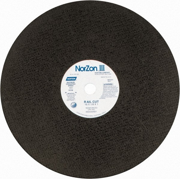 Norton - 16" 30 Grit Zirconia Alumina Cutoff Wheel - 1/8" Thick, 1" Arbor, 4,800 Max RPM, Use with Electric & Gas Powered Saws - Exact Tooling