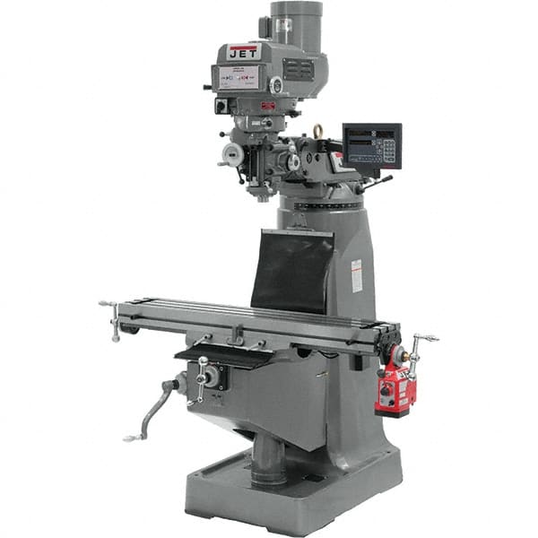 Jet - 9" Table Width x 49" Table Length, Variable Speed Pulley Control, 3 Phase Knee Milling Machine - R8 Spindle Taper, 3 hp - Exact Tooling