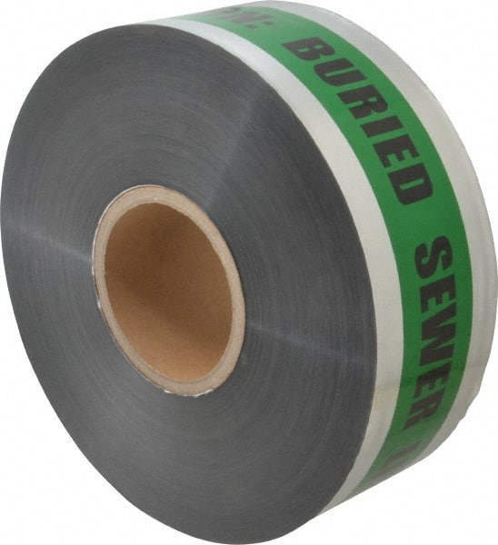 Presco - Caution: Buried Sewer Line Below, Detectable Underground Tape - 1,000 Ft. Long x 3 Inch Wide Roll, Polyethylene on Aluminum, 5 mil Thick, Green and Black - Exact Tooling