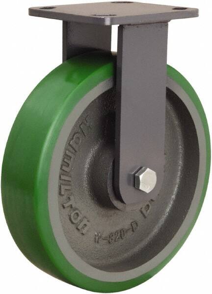 Hamilton - 8" Diam x 2" Wide x 9-1/2" OAH Top Plate Mount Rigid Caster - Polyurethane Mold onto Cast Iron Center, 1,500 Lb Capacity, Tapered Roller Bearing, 4 x 4-1/2" Plate - Exact Tooling