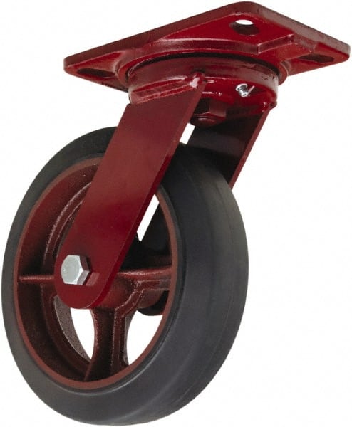 Hamilton - 8" Diam x 2" Wide x 9-3/4" OAH Top Plate Mount Swivel Caster - Rubber Mold on Cast Iron, 500 Lb Capacity, Straight Roller Bearing, 4-1/2 x 6-1/2" Plate - Exact Tooling