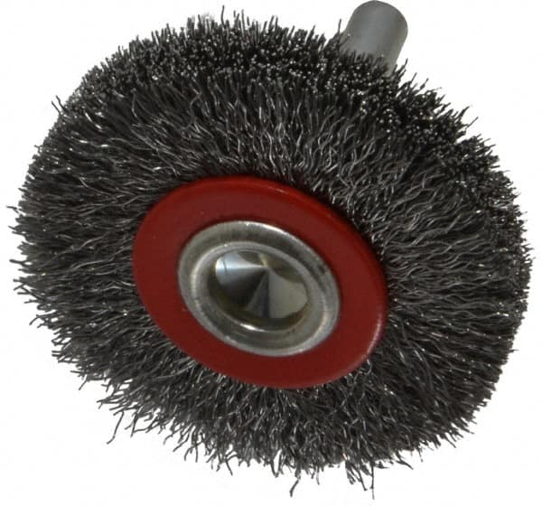 Value Collection - 2" OD, 1/4" Shank Diam, Crimped Steel Wheel Brush - 3/8" Face Width, 3/8" Trim Length, 0.008" Filament Diam, 15,000 RPM - Exact Tooling