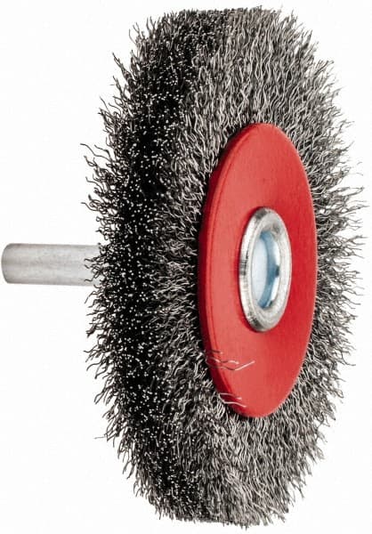 Value Collection - 2-5/8" OD, 1/4" Shank Diam, Crimped Steel Wheel Brush - 1/2" Face Width, 1/2" Trim Length, 0.008" Filament Diam, 15,000 RPM - Exact Tooling
