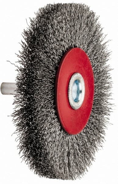 Value Collection - 3-1/16" OD, 1/4" Shank Diam, Crimped Steel Wheel Brush - 1/2" Face Width, 9/16" Trim Length, 0.008" Filament Diam, 12,000 RPM - Exact Tooling