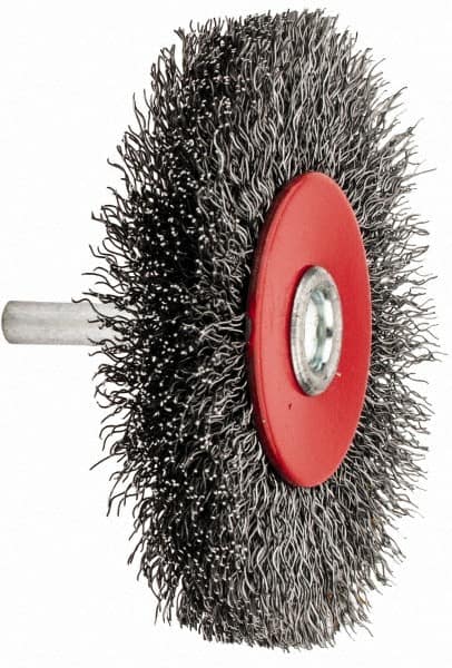 Value Collection - 3-1/16" OD, 1/4" Shank Diam, Crimped Steel Wheel Brush - 1/2" Face Width, 3/4" Trim Length, 0.015" Filament Diam, 12,000 RPM - Exact Tooling