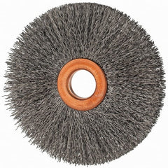 Value Collection - 3" OD, 1/2" Arbor Hole, Crimped Steel Wheel Brush - 3/8" Face Width, 1" Trim Length, 0.007" Filament Diam, 15,000 RPM - Exact Tooling