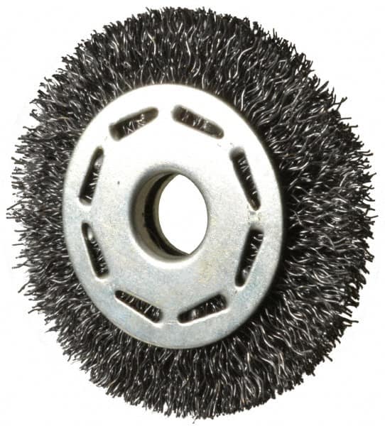 Value Collection - 2-1/2" OD, 3/8" Arbor Hole, Crimped Steel Wheel Brush - 5/16" Face Width, 1/2" Trim Length, 0.012" Filament Diam, 6,000 RPM - Exact Tooling